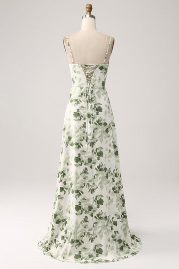 Green Cowl Neck A-Line Printed Long Bridesmaid Dress With Slit